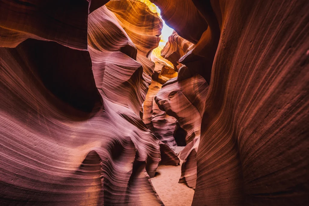 The walls of Antelope Canyon are especially beautiful when illuminated by sunlight streaming inside.