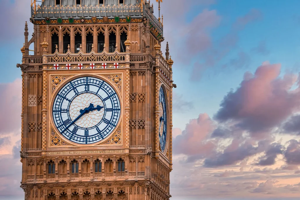 The clock face at the top of the Elizabeth Tower.