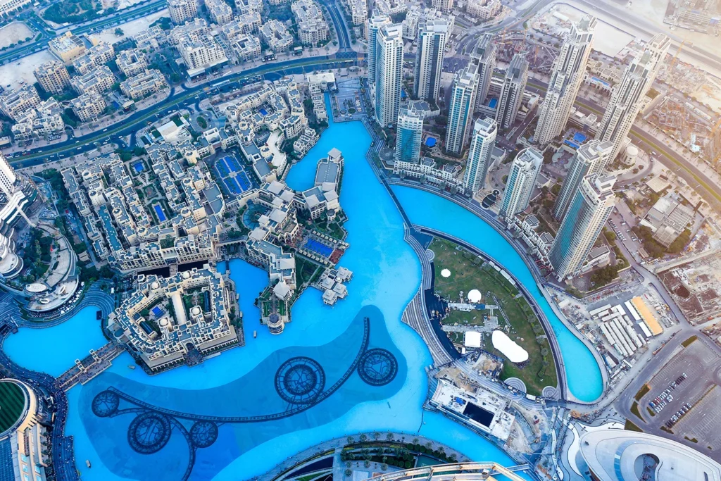 The observation deck at the top of the Burj Khalifa offers the best panoramic view of the area.