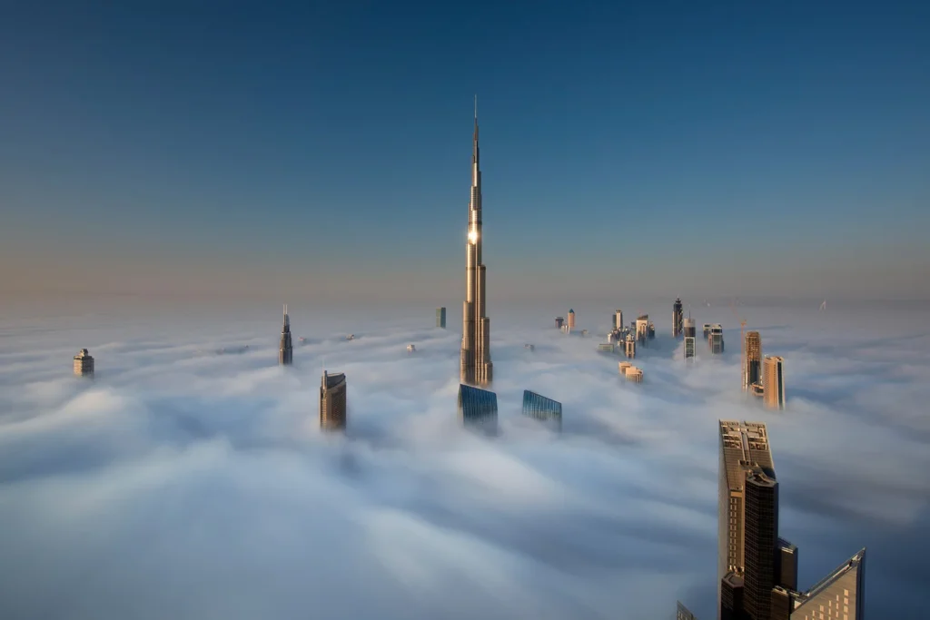 The spire at the top of the Burj Khalifa adds elegance and lightness to the structure.