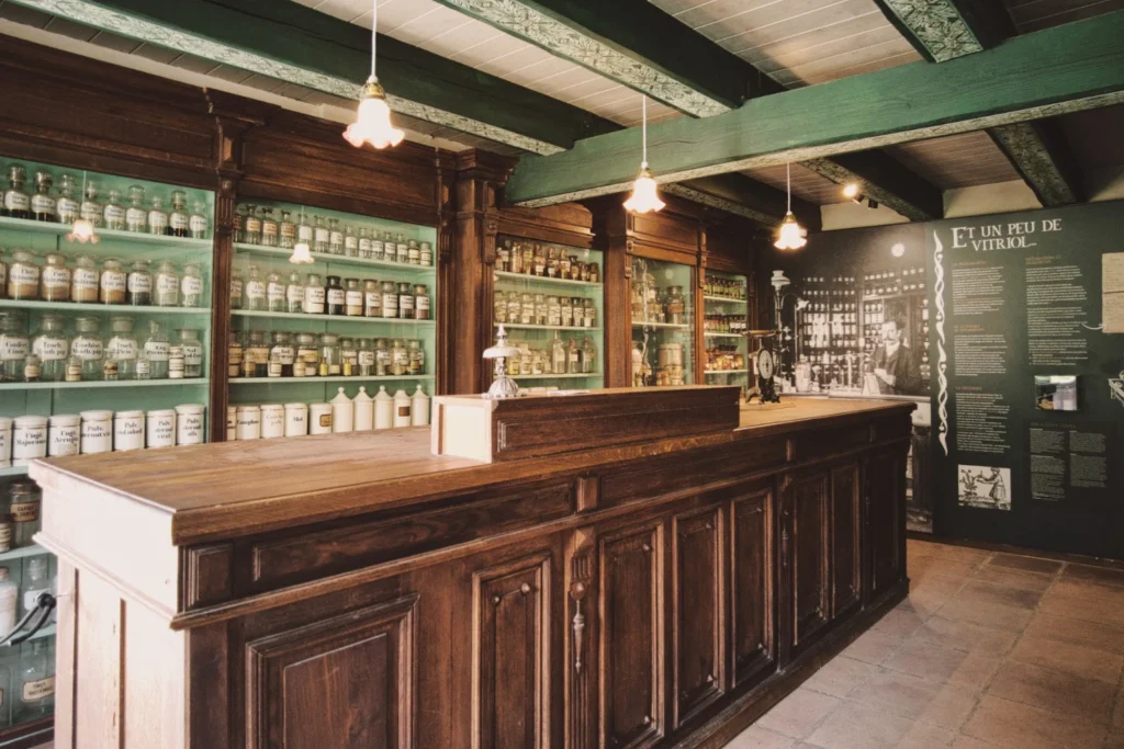 Reconstruction of a 19th-century Alsatian pharmacy at the Ecomuseum.