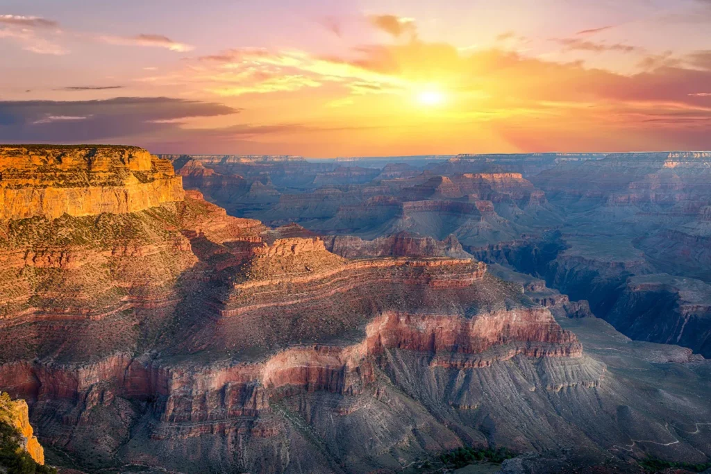 The rock layers on the canyon’s vertical walls reveal thousands of years of history.