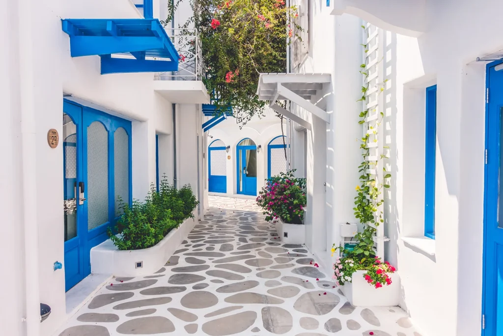 The picturesque streets on the island of Mykonos.