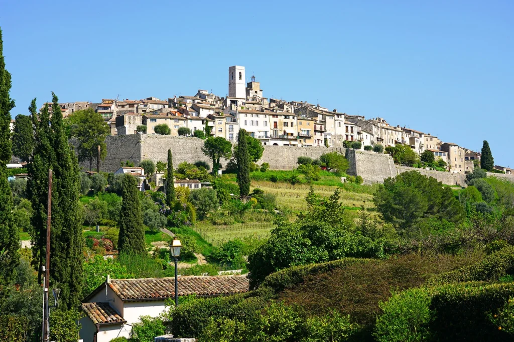 The town is perched on a hill, offering a splendid view of the French Riviera.