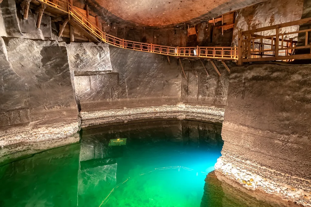 Salt chambers and an underground lake in the Wieliczka Salt Mine.