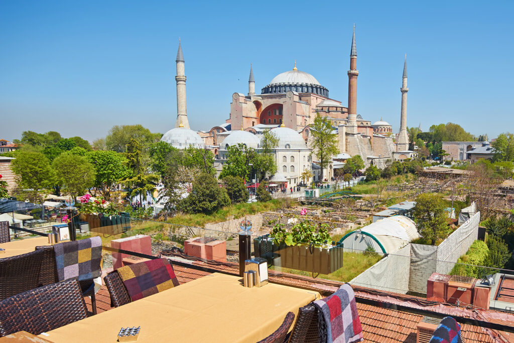 The building of Hagia Sophia is surrounded by four minarets built during the Ottoman era.