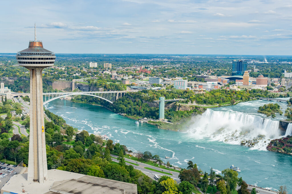 To see all three waterfalls at once, visit the observation tower. Pictured: Skylon Tower on the left.