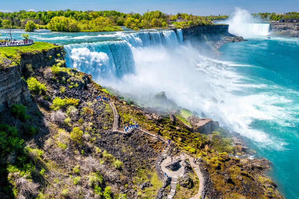 The Niagara River connects Lake Ontario and Lake Erie, creating three stunning waterfalls known as Niagara Falls.