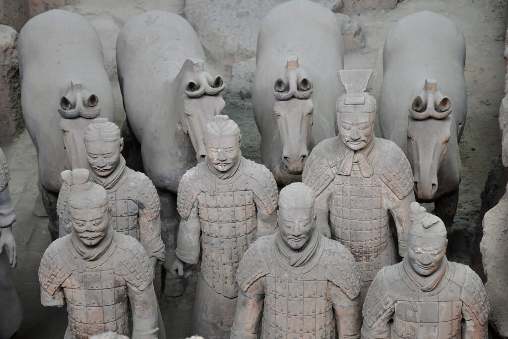 Both the figures and animals intended to accompany the emperor in the afterlife are life-sized statues.