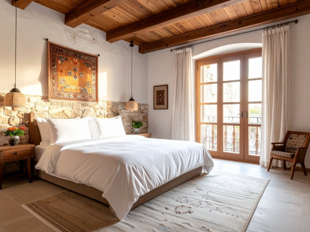 Simple hotel room, Hagia Sophia in Istanbul. AI-generated image.