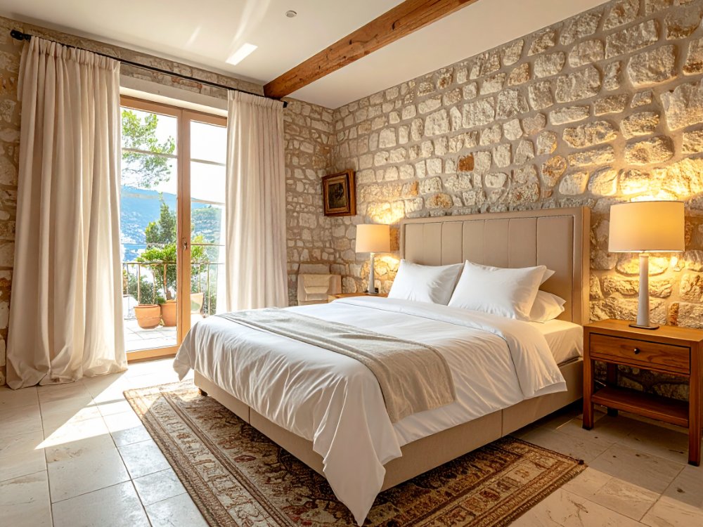 Simple hotel room, Plitvice Lakes. AI-generated image.