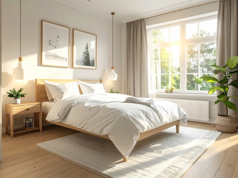 Simple hotel room, Best places to see the northern lights in Finland. AI-generated image.
